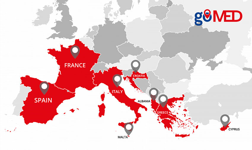 Zu sehen ist eine Landkarte von Europa. Die Länder sind in unterschiedlichen Grautönen. Folgende Länder sind rot: Spanien, Frankreich, Italien, Kroatien, Albanien, Griechenland, Malta und Zypern".