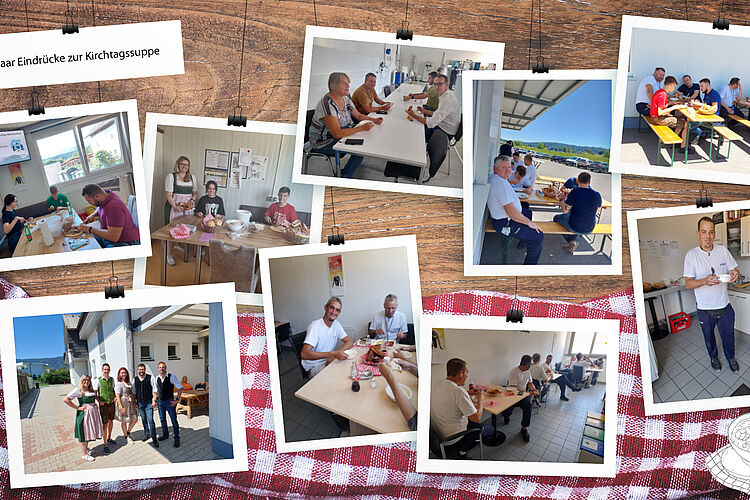 [Translate to Englisch:] eine Collage aus unterschiedlichen Fotos. Sie zeigen die Ortner Mitarbeiterinnen und Mitarbeiter beim Essen, herrichten vom Essen und ein Gruppenbild einiger in Tracht.