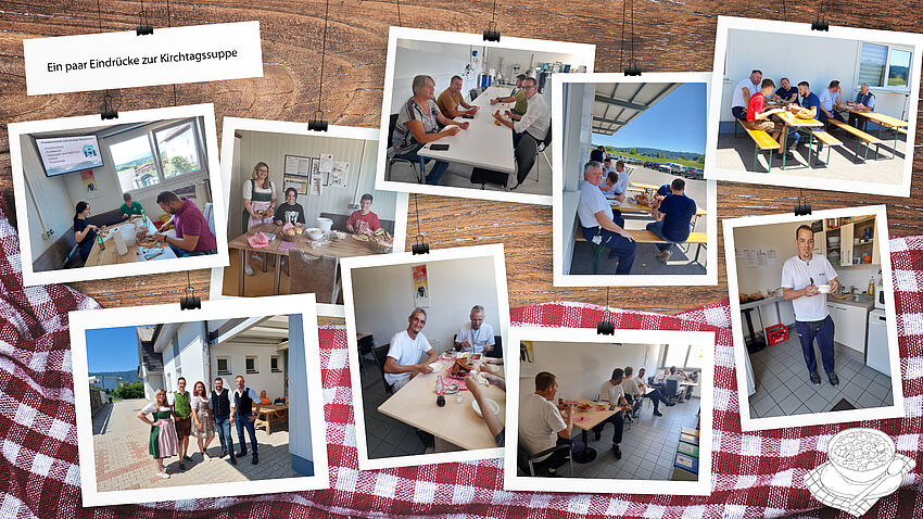 a collage of different photos. They show the Ortner employees eating, preparing food and a group picture of some in traditional costume.