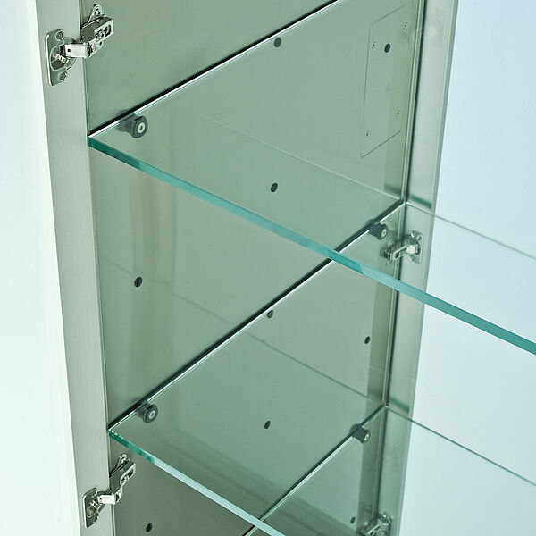 A closeup interior view of the Material Transfer Hatch Passive C with multiple glass shelves 