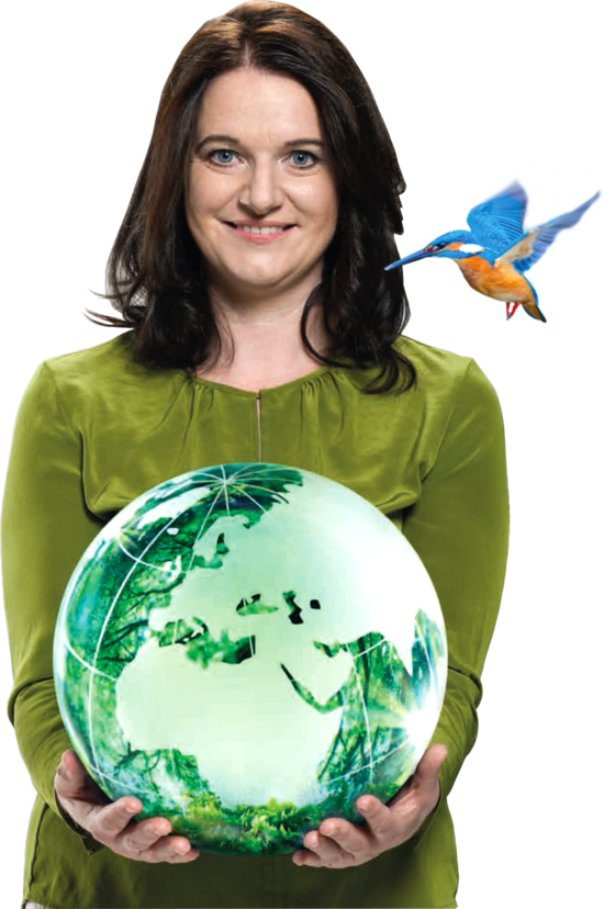 Stefanie Rud holds a globe in her hands, over her left shoulder is a kingfisher.