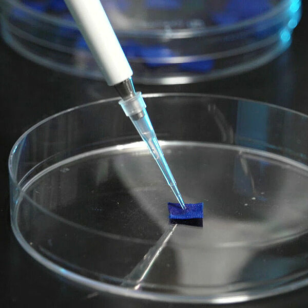 In a test tube is a small square piece of cloth. A pipette can be seen above it.