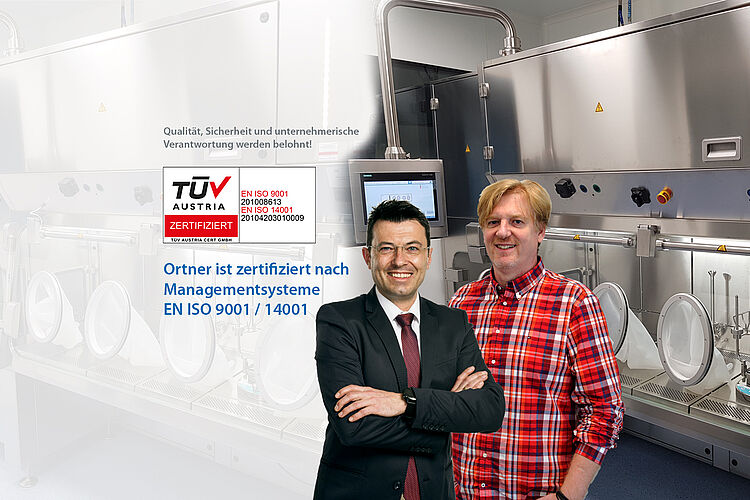 Im Hintergrund ist ein Isolator zu sehen. Davor sind Matthias Buttazoni und Roland Stampf. Links steht ein Text. Oberhalb ist das TÜV Logo.