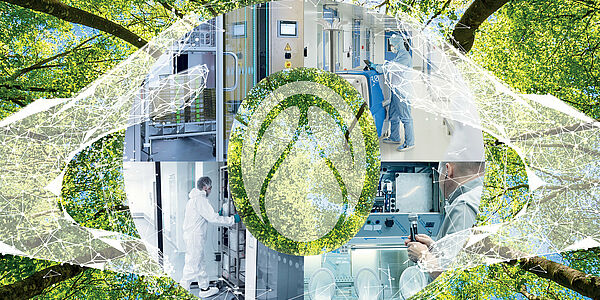 A photo of a laboratory edited with trees to be all around signifying natural in the lab