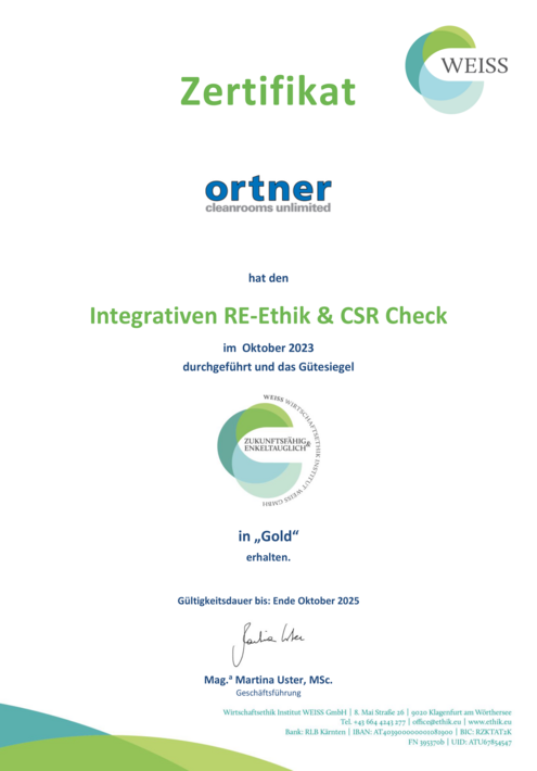 Certificate in silver at the Integrative Ethics Check by WEISS.