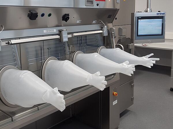  Two inflated gloves protrude from the front window of an isolator. To the right of them is a screen, and behind it a small airlock with a closed glass door.