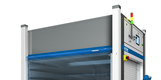  The upper part of a cabinet. You can see the left front, right front and right rear corner, which consists of a slightly higher, white, angular column with a gray ceilings. The upper part of the front is gray, and below it is a blue stripe with a glass panel attached to it. The upper part of the right side part is white. In the middle is a black button, to the right of it is a small screen. To the left of the black button is a small gray tube pointing upwards. About half of the tube is made up of colored lights that are green, yellow, and red from bottom to top. The yellow one lights up. Below the white part is a blue stripe. On the far left is 'ortner cleanrooms unlimited'. Below that is a yellow and red button. Below the white part, somewhat recessed, is a white plate with many small holes.
