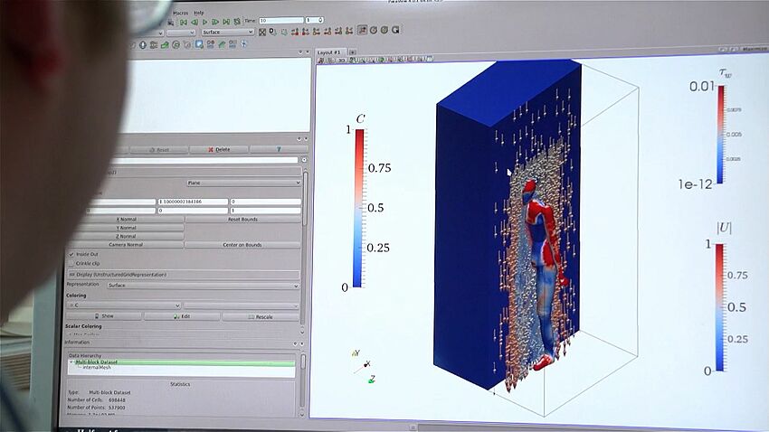 Auf einem Computerbildschirm ist eine Animation zu sehen. In einem blauen hohen Quader steht eine blau, rote Figur. Von oben nach unten gehen viele kleine weißen Pfeile.