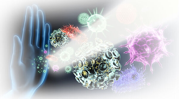 Grafische Darstellung einer Hand, die Bakterien und Viren mit einem Lichtstrahl abblockt.