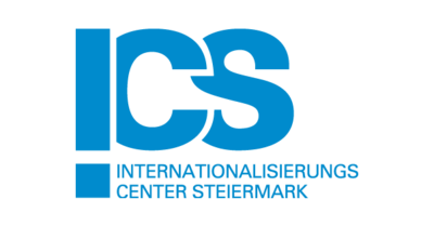 Das Logo zeigt die Buchstaben "ICS" in blau. Unter dem "I" ist ein kleines Quadrat. daneben steht "Internationalisierungscenter Steiermark".