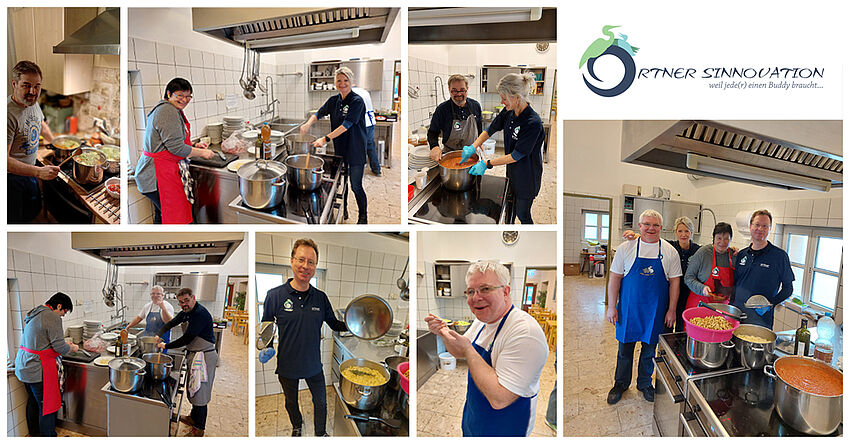 Collage von Fotos unserer Mitarbeiter/innen wie sie kochen.