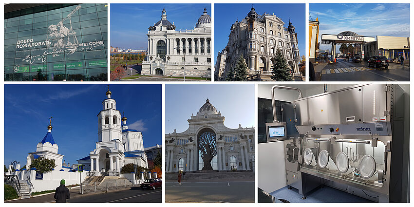 Collage: Fotos von Gebäuden in Moskau und ein Foto eines Ortner Isolators.