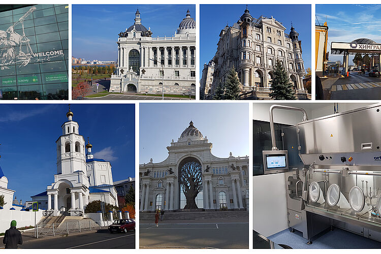 Collage: Fotos von Gebäuden in Moskau und ein Foto eines Ortner Isolators.