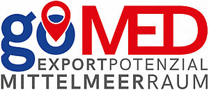 Das Logo zeigt das Wort "go" in blau. Aus dem "o" kommt ein am Kopf stehender roter Tropfen mit Loch. Daneben steht "MED" und darunter "Exportpotenzial Mittelmeerraum".