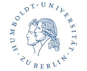 Das Logo besteht aus zwei gezeichneten Männerköpfen im Profil. Runterherum steht in Kreisform "Humbold-Universität zu Berlin".