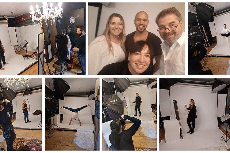 Collage of different impressions from the photo shoot. There is a group photo with the photographer and Behind the Scenes photos of single shots with our three Ortner models.