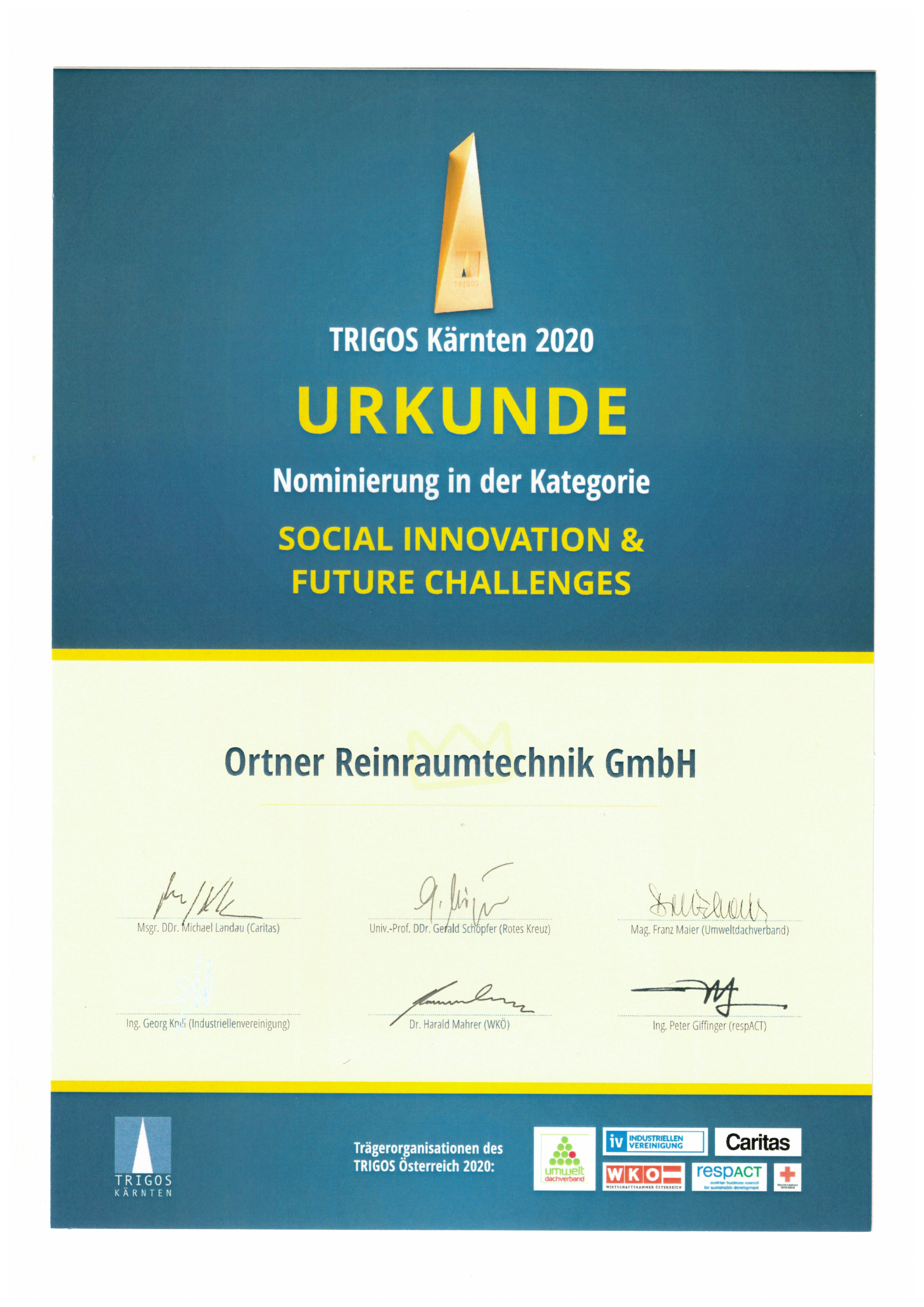 Certificate from TRIGOS Carinthia 2020 for Social Innovation & Future Challenges