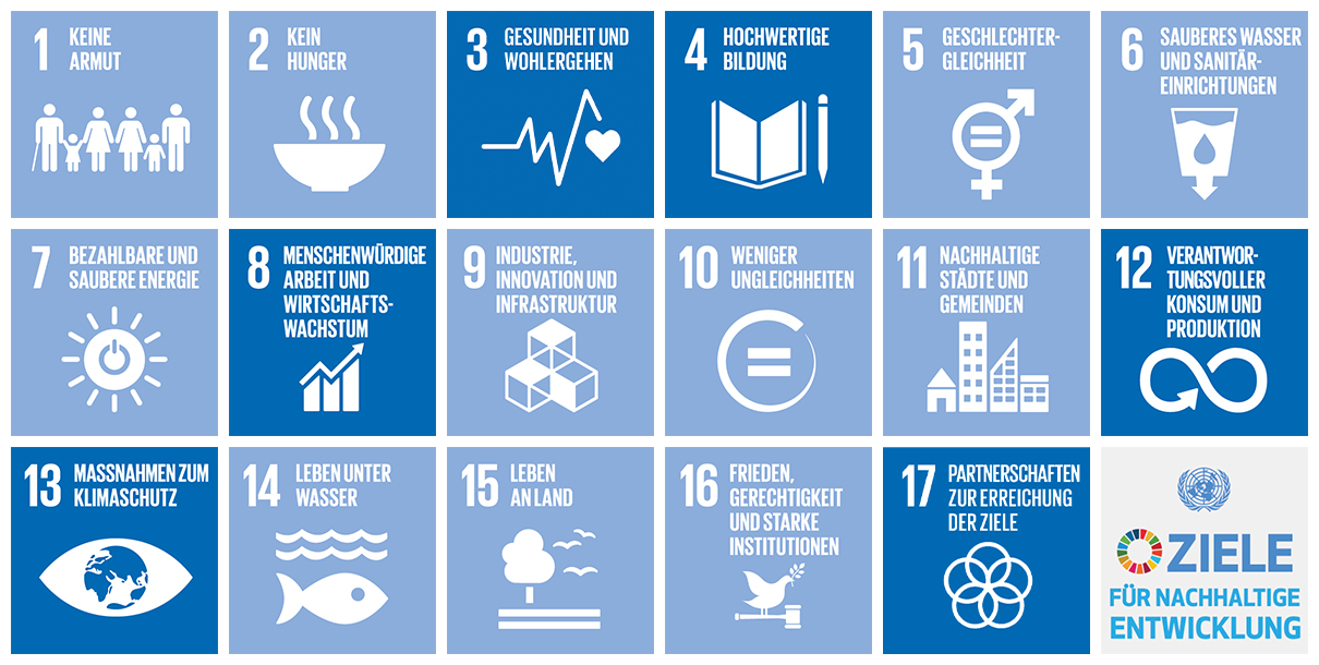 The icons of the Sustainable Development Goals. 1: No poverty. 2: No hunger. 3: Health and well-being. 4: Quality education. 5: Gender equality. 6: Clean water and sanitation. 7: Affordable and clean energy. 8: Decent work and economic growth. 9: Industry, innovation and infrastructure. 10: Less inequality. 11: Sustainable cities and communities. 12: Responsible consumption and production. 13: Climate protection measures. 14: Life under water. 15: Life on the land. 16: Peace, justice and strong institutions. 17: Partnerships to achieve the goals.