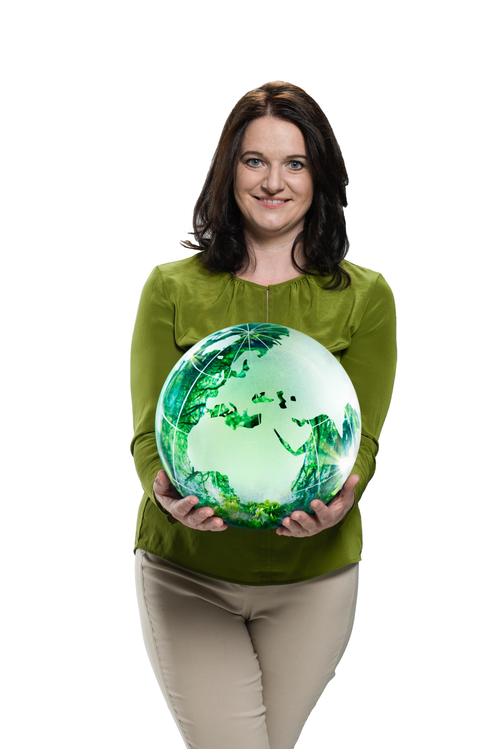 Portrait of Stefanie Rud holding a globe in her hands.