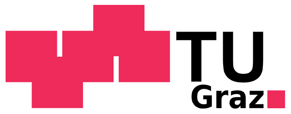Das Logo besteht aus fünf versetzten roten Quadraten, die miteinander an den Ecken verbunden sind. Daneben steht in schwarz "TU Graz". Rechts daneben ist noch ein kleines rotes Quadrat.