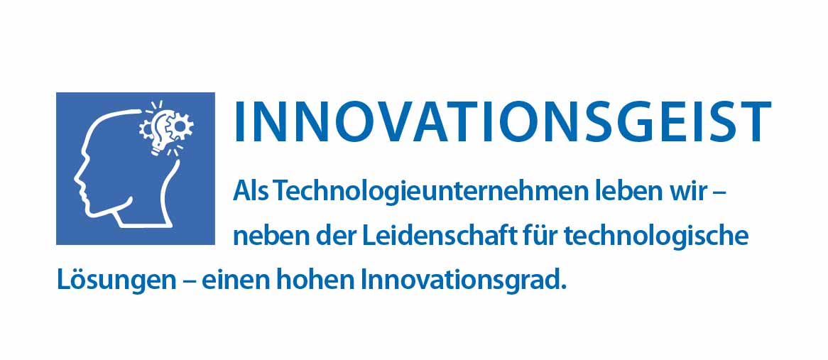 Links in einem blauen Quadrat: Die Silhouette eines Kopfes. Am Hinterkopf sind eine Glühbirne und zwei Zahnräder. Rechts Text: Innovationsgeist. Als Technologieunternehmen leben wir - neben der Leidenschaft für technologische Lösungen - einen hohen Innovatiosgrad.